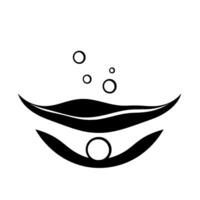 Stylized black and white minimalist featuring organic shapes suggesting a leaf, with bubbles, and a pearllike central element. vector