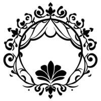 Ornate Black Floral Frame Symmetrical with Swirls, Petals, and Leaves on a White Background, Creating a Decorative Emblem. vector