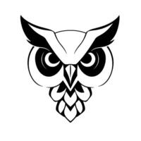 Bold, symmetrical black and white owl emblem, featuring sharp lines, geometric feather details, intense gaze, and a stylized minimalist aesthetic on a plain white background. vector