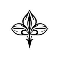 A stylized, symmetrical, black and white fleurdelis emblem, with a minimalist aesthetic and clean lines on a pure white background. vector