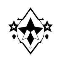 Geometric black and white emblem with multiple stars, diamond shapes, and a central stylized star, all within a diamond frame. vector
