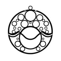 Abstract, circular with contrasting color fields, circles, and thick black outlines, evoking a sense of harmony and balance. vector