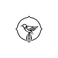 Elegant Black and White Bird Stylized avian silhouette perched on a leaf, enclosed within a decorative, circular frame. vector