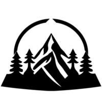 Black and white minimalist featuring stylized mountain range silhouette behind coniferous trees and a rounded top framing shape on a white background. vector