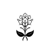 Minimalist black line drawing of a stylized floral arrangement with symmetrical leaf and bud patterns on a white background. vector