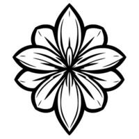 A symmetrical black and white floral illustration, featuring bold outlines and radiating petals, creating a minimalist and elegant . vector