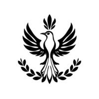 Black and white stylized bird emblem with outstretched wings, olive branch wreath, and crownlike head adornment, set against a clean white backdrop. vector