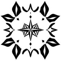Black and white symmetrical abstract floral featuring a central starburst, stylized leaves, and curved elements, creating a geometric pattern. vector