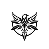 Elegant, stylized black and white bird emblem, with wings and tail composed of leaflike shapes, framed by a circular element, set against a pure white backdrop. vector