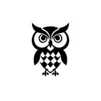 Stylized, symmetrical black and white owl illustration featuring geometric chest pattern, expressive eyes, and simple clean on a white background. vector