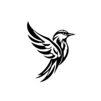 Stylized Black and White Bird in Flight A Minimalist with TribalInspired Feather Detailing on a White Background. vector