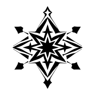 Geometric Black and White EightPointed Star with Varying Sharp Angles and Lines on a White Background.