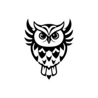 A Stylized, Symmetrical Black and White Owl Emblem with Large Eyes, Wing Details, and a Geometric Chest Pattern, Set Against a White Backdrop. vector