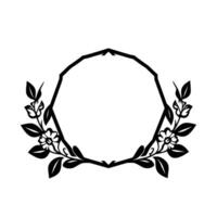 A stylized black and white floral frame with a geometric, faceted border surrounding a blank circular space, creating a element. vector