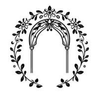 Ornate Black and White Archway with Floral Wreath, Featuring Decorative Vines, Leaves, and Delicate Blossoms, Set Against White Background. vector
