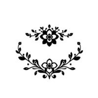 A minimalist black floral with two symmetrical arrangements of flowers, leaves, and vines on a white background. vector
