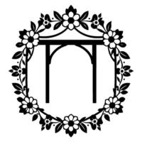 Black and White Floral Archway Surrounded by a Wreath of Leaves and Blooms, Elegant Silhouette. vector