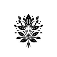 Symmetrical Black White Botanical Illustration Elegant Floral Arrangement with a Cluster of Leaves and Buds, Element vector
