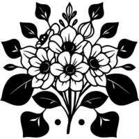 Monochromatic floral illustration of a bouquet, featuring detailed flowers and leaves in a stylized, , perfect for patterns and decor. vector