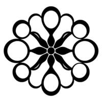 Symmetrical floral mandala featuring a central flower with teardrop and circular elements, rendered in stark black and white. vector
