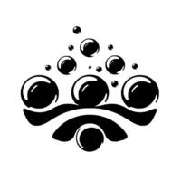 Abstract monochromatic illustration of a soap bubble formation over stylized flowing water, with varying sizes and reflections on white. vector