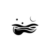 Abstract black and white minimalist featuring stylized waves, bubbles, and a crescent moon on a white background. vector