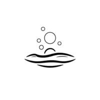 Minimalist black and white line art depicting a stylized ocean horizon, waves, and bubbles against a pristine white background. vector