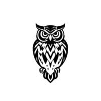 Bold, symmetrical black and white owl illustration, featuring a stylized body with intricate chevron patterns and intense, focused eyes, centered on a plain white backdrop. vector