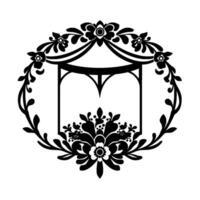 Intricate Black Floral Frame Featuring a GazeboLike Structure, Decorative Elements, and Elegant Symmetry on a White Background. vector