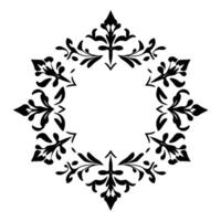 Intricate symmetrical black and white floral arabesque , arranged circularly, with a central empty circular space, set against a white backdrop. vector