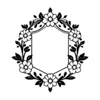 Elegant Black and White Floral Hexagon Frame with Blossoms, Leaves, and Empty Space for Text. vector