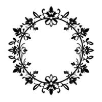 Elegant black and white circular floral frame , featuring intricate stylized flower and leaf arrangements, creating a classic ornamental border on white backdrop. vector