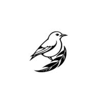 Minimalist Black and White Bird Perched on Leaves, Decorative Illustration with Smooth Lines and a Simple Aesthetic, Isolated on White Background vector