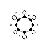 Abstract, symmetrical, minimalist composition. Central black starburst with white center, circled by glossy water droplets, against a white background. vector