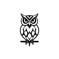 Stylized Black and White Owl Perched on a Branch, Featuring Intricate Geometric Patterns, Isolated on White Background. vector