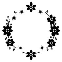 An elegant black and white floral wreath features various flower shapes and leaf embellishments on a clean white background. vector