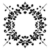 Symmetrical Floral Black White Decorative Motif Featuring Detailed Flowers, Leaves, Dots, and Linear Accents Forming a Circular Frame. vector
