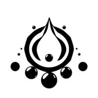 Abstract black and white with a stylized teardrop shape surrounded by spheres and dots. vector