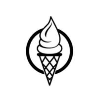 Minimalist Ice Cream Cone A monochromatic, stylized featuring a swirled ice cream atop a waffle cone, enclosed in a bold black circle against a stark white background. vector