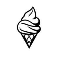 Simple black and white illustration of a softserve ice cream cone, featuring a smooth, swirled texture and a textured waffle cone. vector