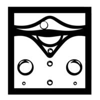 Black and white geometric illustration, framed, depicting fluid dynamics bubbles, waves, and curved lines. vector