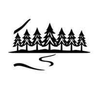 Black and white minimalist stylized landscape scene featuring silhouetted pine trees, winding path, and abstract shapes. vector