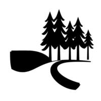 Silhouette Illustration of a winding path through a simple landscape of hills and evergreen trees in a minimalist style against a bright white background. vector