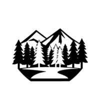 Monochrome Landscape Illustration Mountain peaks rise above a forest of stylized pine trees, all within a geometric border on a white background. vector