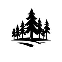 A bold black silhouette of a cluster of pine trees of varying sizes and a hint of a path, isolated on a bright white background, evoking a sense of the wilderness. vector