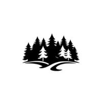 A minimalist black and white silhouette of evergreen trees in a forest, set against a clean white background with a subtle curved line. vector