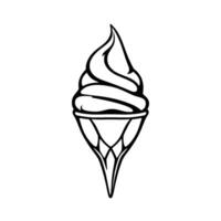 Isolated black and white line art illustration of a swirled soft serve ice cream cone with a decorative geometric on the cone. vector