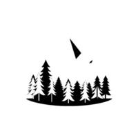 Minimalist Black and White Illustration of a Forest Silhouette with Geometric Elements and a Flying Bird, Set Against a Pure White Background. vector