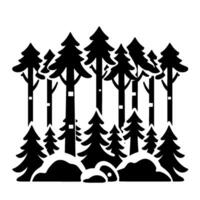 Silhouette of a Black Forest Scene Evergreen and Birch Trees, SnowCovered Ground, Artistic on White Background. vector