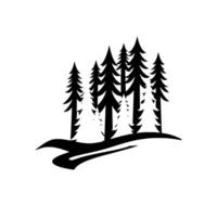 Black and White Illustration of a Silhouetted Forest of Pine Trees and a Winding Trail on a White Background. vector